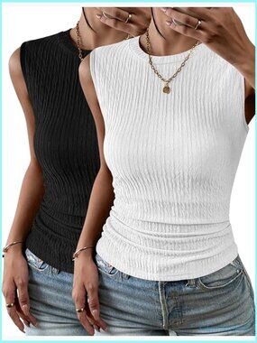 High Neck Ribbed Knit Tank Top Slim Fit Sleeveless Casual Summer Shirt
